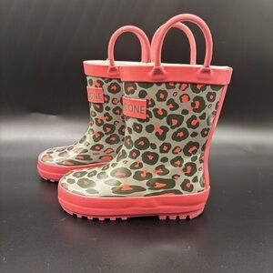 Lone Cone Girls Leopard Shiny Rain Boots Pink Gray Animal Print Pull On‎ Size 6